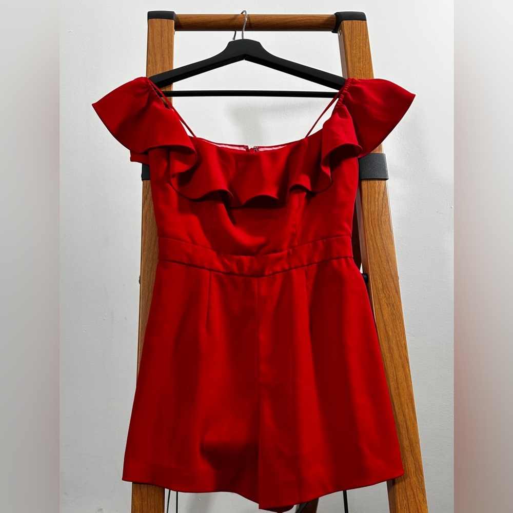 Jay Godfrey Red Ruffle Off Shoulder Romper Playsuit Size 2